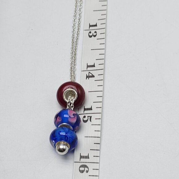 Blue Red Glass Bead Pendant Necklace With Sterling Silver Chain - Picture 4 of 4